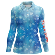 Load image into Gallery viewer, Snowflakes And Blurred Lights Blue Christmas Golf Polo Shirts Custom Golf Shirts For Women LDT0809