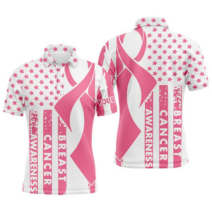 Breast Cancer Awareness White Pink American Flag Ribbon Mens Golf Polo Shirt Patriotic Golf Tops LDT0506