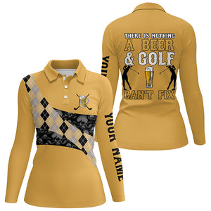 There Is Nothing A Beer & Golf Can't Fix Polo Shirt Yellow Argyle Skull Golf Shirts For Women LDT0523