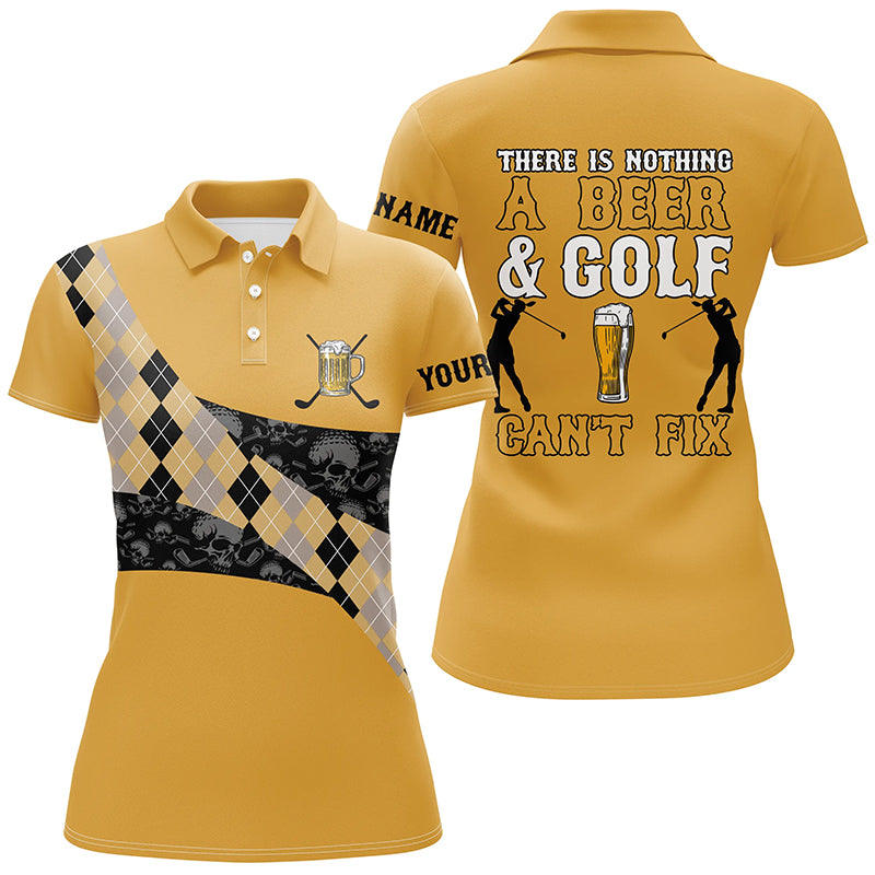 There Is Nothing A Beer & Golf Can't Fix Polo Shirt Yellow Argyle Skull Golf Shirts For Women LDT0523