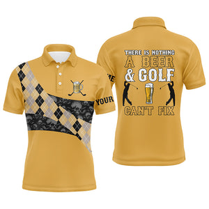 There Is Nothing A Beer & Golf Can't Fix Mens Polo Shirt Yellow Argyle Skull Golf Shirts For Men LDT0523