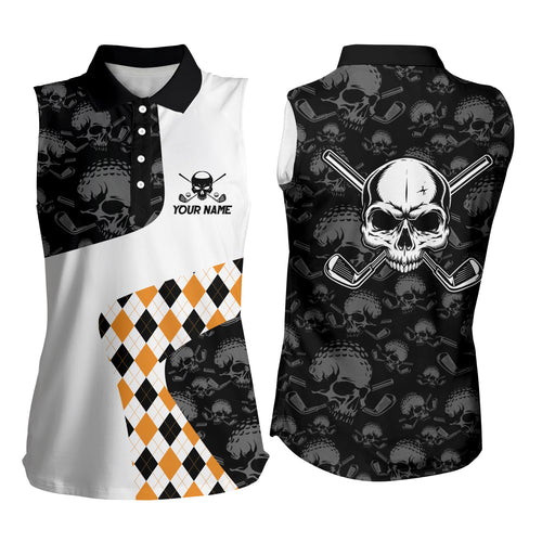 Halloween Orange Argyle Pattern Womens Sleeveless Polo Shirt Skull Golf Shirts For Women Crazy Golf Gifts LDT0545
