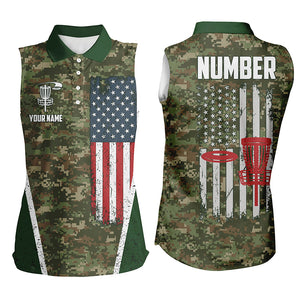 Sleeveless Disc Golf Vintage Camouflage American Flag Custom Patriotic Disc Golf Shirts For Women LDT0289