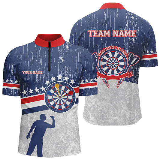 Retro American Flag Darts Quarter Zip Shirt Blue Custom Patriotic Darts Jerseys For Men LDT0310