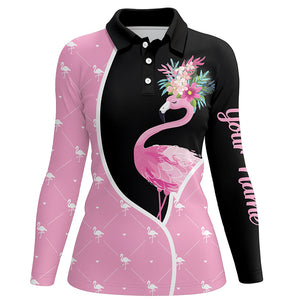 Womens Flower Flamingo Seamless Black & Pink Golf Polo Shirts Custom Cute Golf Tops For Women LDT0330