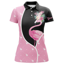 Load image into Gallery viewer, Womens Flower Flamingo Seamless Black &amp; Pink Golf Polo Shirts Custom Cute Golf Tops For Women LDT0330