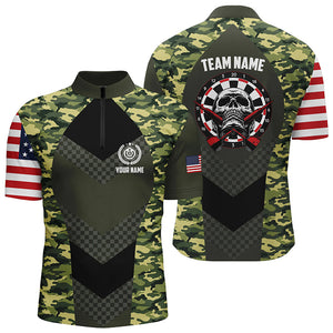 Green Camo American Flag Skull Dart Quarter-zip Shirt Custom Patriotic Darts Jersey For Men LDT0679