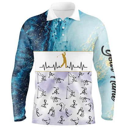 Custom Stick Figures Playing Golf Blue Marble Heartbeat Golf Shirts For Men Golf Gifts LDT0385