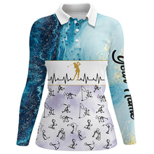 Load image into Gallery viewer, Custom Stick Figures Playing Golf Blue Marble Heartbeat Golf Shirts For Women Golf Gifts LDT0385
