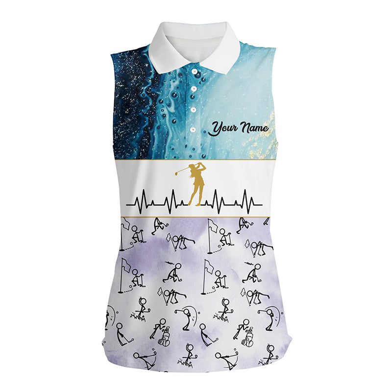 Custom Stick Figures Playing Golf Blue Marble Heartbeat Sleeveless Golf Shirts For Women Golf Gifts LDT0385