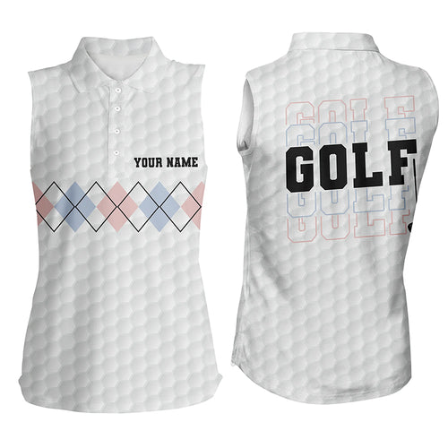 Pink Blue Argyle Pattern Womens Sleeveless Polo Shirt Custom White Golf Shirts For Women Golf Gifts LDT0950