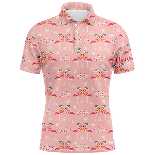 Pink Christmas Flamingos Mens Golf Polo Shirt Custom Funny Golf Shirts For Men Golf Gifts LDT0755