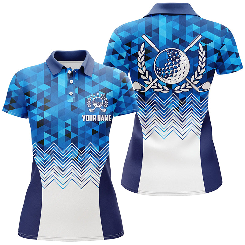 Womens Blue Geometric Golf Polos Custom Triangle Pattern Golf Shirts For Women Cool Golf Gift LDT0187
