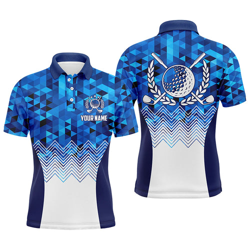 Mens Blue Geometric Golf Polo Shirts Custom Triangle Pattern Golf Shirts For Men, Cool Golf Gifts LDT0187