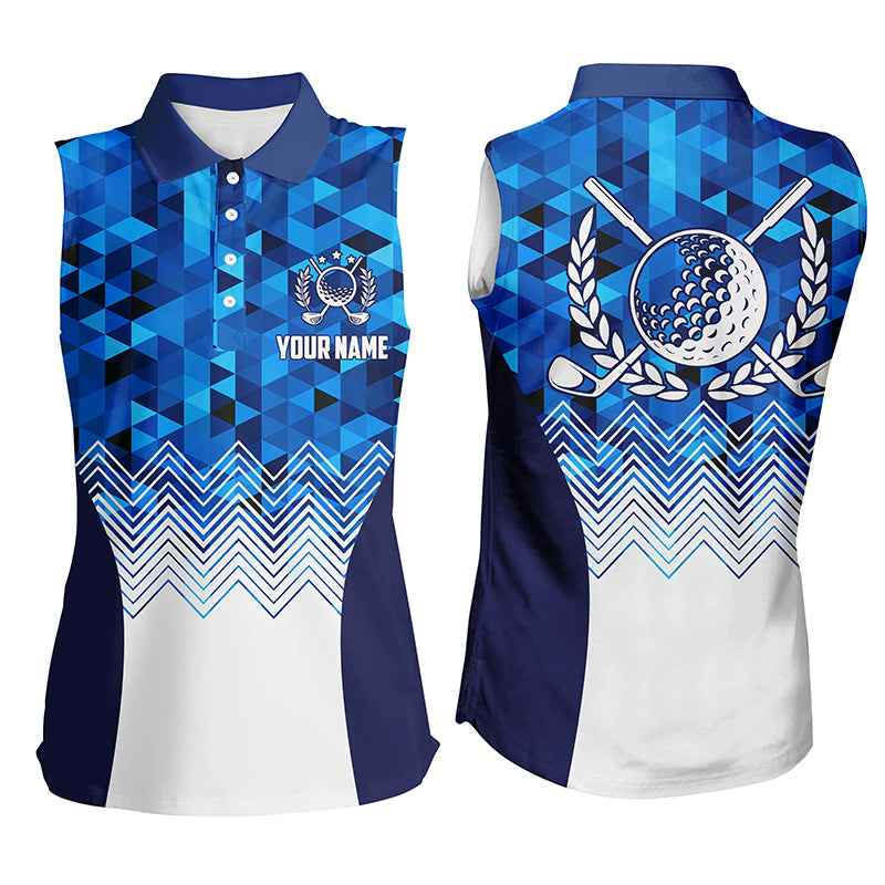 Womens Blue Geometric Golf Sleeveless Polos Triangle Pattern Golf Shirts For Women Cool Golf Gifts LDT0187