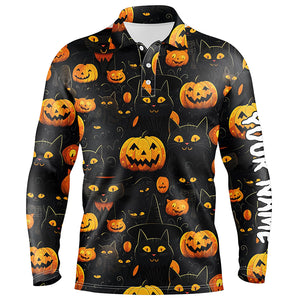 Halloween Seamless With Pumpkin & Cute Cat Mens Golf Polos Funny Golf Tops For Men Golf Gifts LDT0457