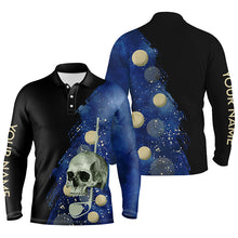 Load image into Gallery viewer, Water Color Golf Skull With Golf Ball Mens Polo Shirt, Custom Name Black Blue Golf Shirts For Men LDT0017