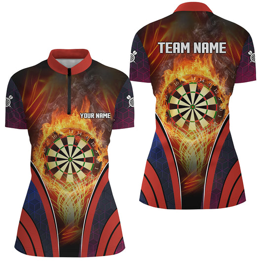 Orange Fire Flame Sports Darts Quarter Zip Shirt Custom Darts Shirt For Women Dart Jerseys LDT1445