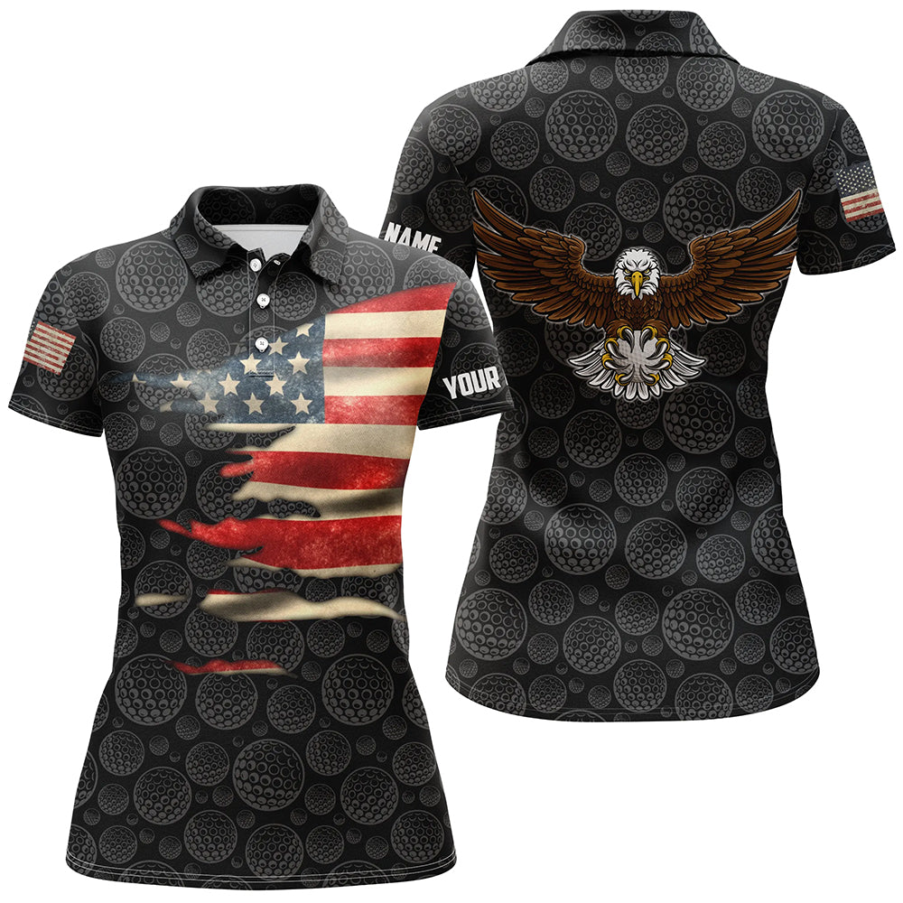 Vintage 3D American Flag Eagle Black Polo Shirt For Women, Custom Golf Pattern Patriotic Tops LDT0230