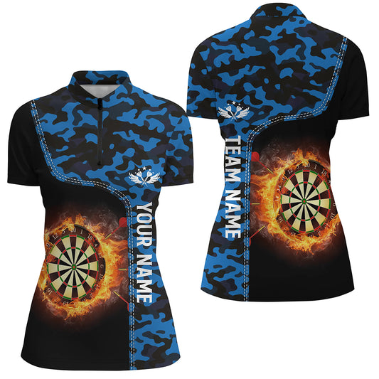 Blue Camo Flame Darts Board Womens Quarter Zip Shirt Women Darts Shirt Custom Dart Jerseys LDT1238