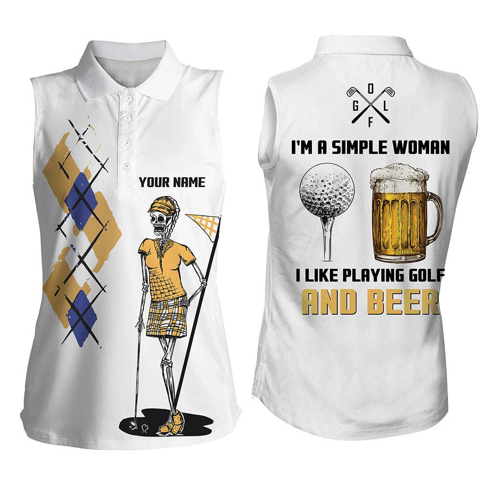 I'm A Simple Woman Skull Beer Argyle Pattern Womens Sleeveless Polo Shirt Beer Golf Shirts For Women LDT0528