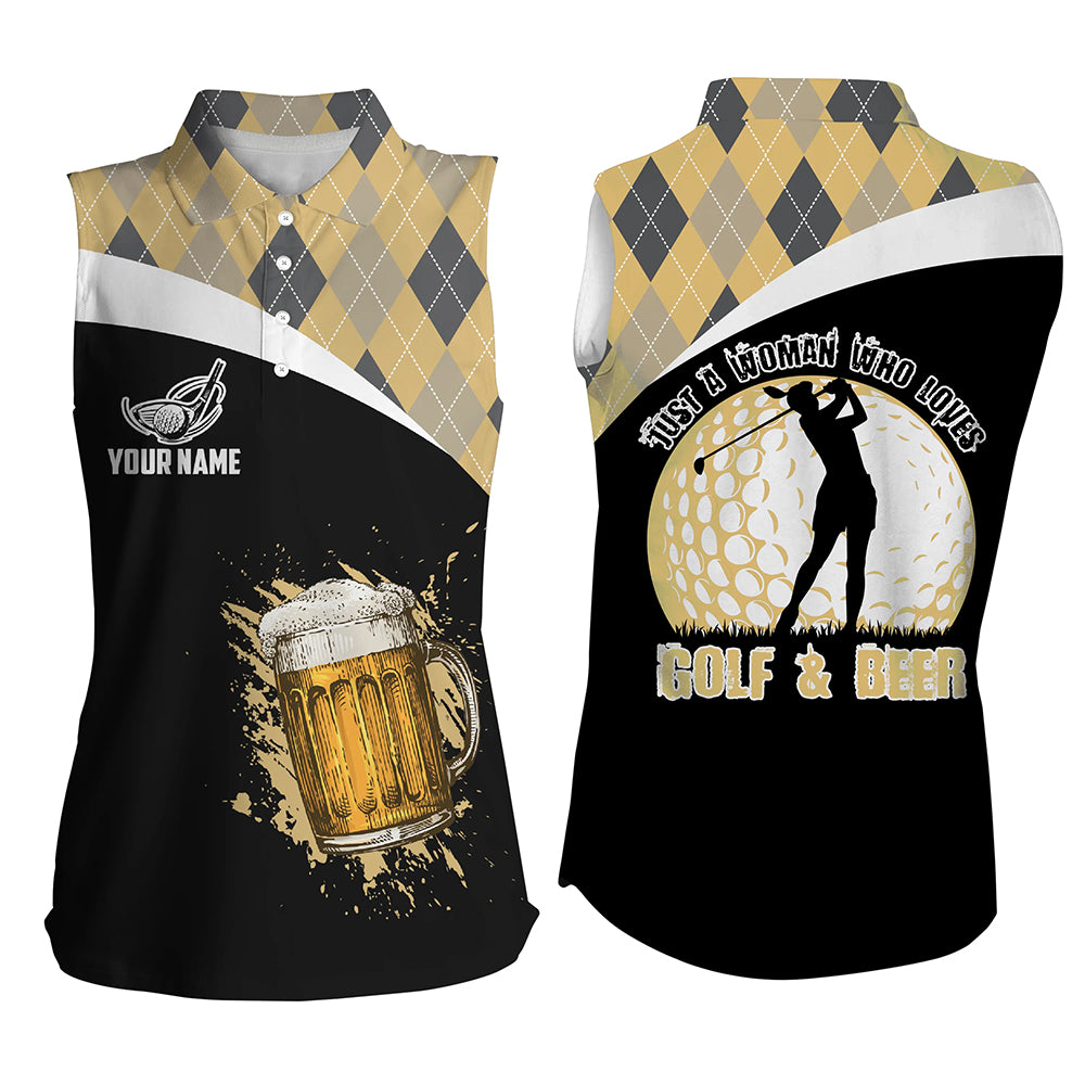 Just A Woman Who Loves Golf & Beer Argyle Pattern Womens Sleeveless Polo Beer Golf Tops For Women LDT0533