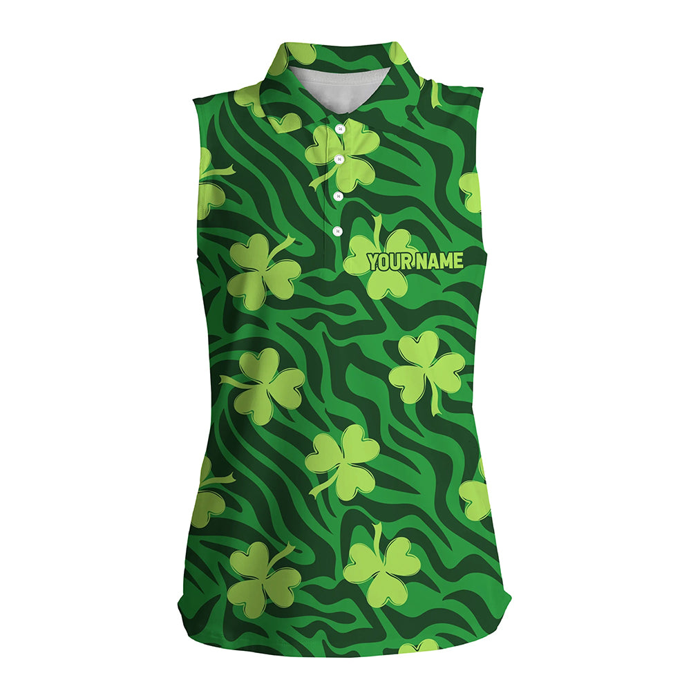 Green Striped Zebra With Clover Womens Sleeveless Polo Shirt Patrick Day Women Golf Shirts Golf Gifts LDT1265