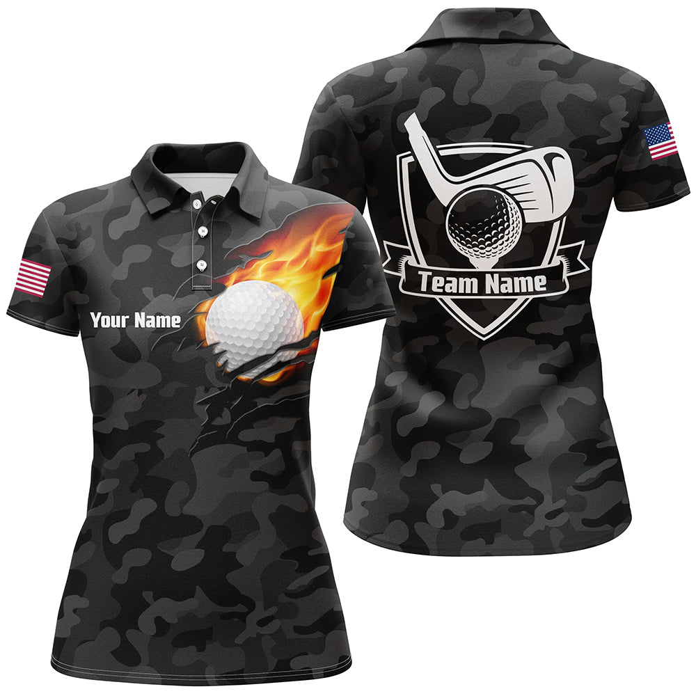 Black Camo Fire Golf Ball Flame Golf Polo Shirts Custom American Flag Golf Shirts For Women LDT0282