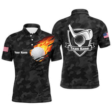 Load image into Gallery viewer, Black Camo Fire Golf Ball Flame Mens Golf Polo Shirts Custom American Flag Golf Shirts For Men LDT0282