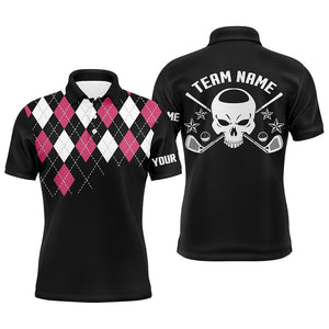 Pink Argyle Pattern Mens Golf Polo Shirts, Customized Skull Golf Shirts For Men, Golfer Gifts LDT0099