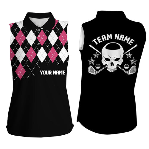 Pink Argyle Pattern Womens Sleeveless Golf Shirt Custom Skull Golf Shirts For Women Ladies Golf Gifts LDT0099