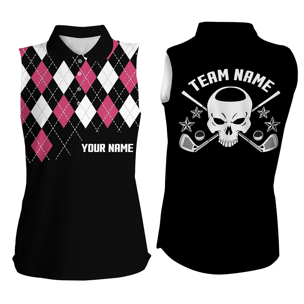 Pink Argyle Pattern Womens Sleeveless Golf Shirt Custom Skull Golf Shirts For Women Ladies Golf Gifts LDT0099