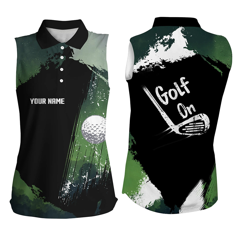 Watercolor Womens Sleeveless Golf Polo Shirts, Dark Green Golf Shirts For Women, Vintage Golf Gifts LDT0132