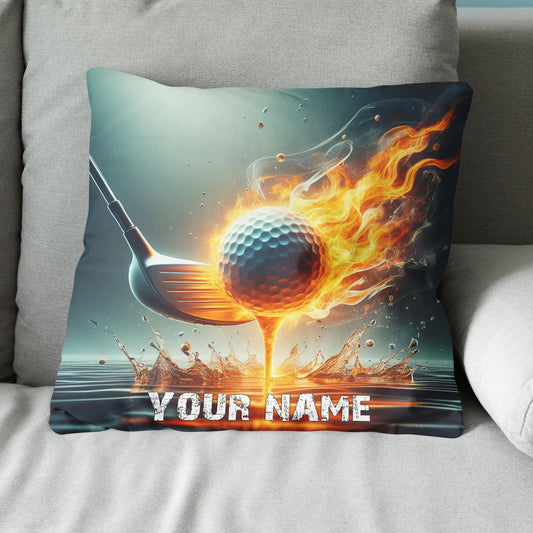Fire & Water Golf Club & Ball Custom Throw Pillow Personalized Goft Gift LDT1153