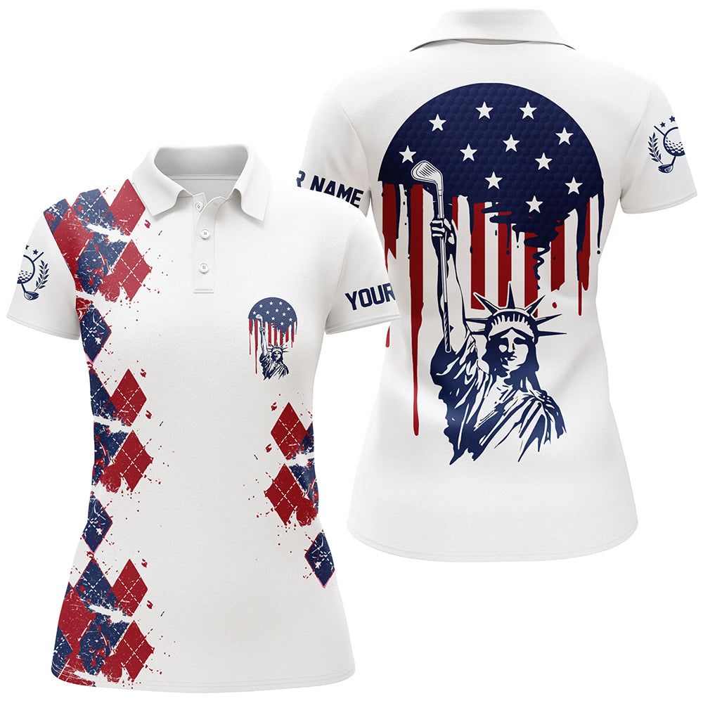 Statue Of Liberty 4Th Of July American Flag Argyle Golf Polos Patriotic Golf Shirts For Women LDT0476