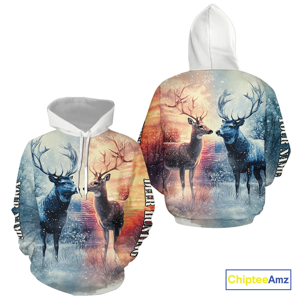 Deer Hunting in snow American Flag Long Sleeve, Hoodie Shirt NHT02