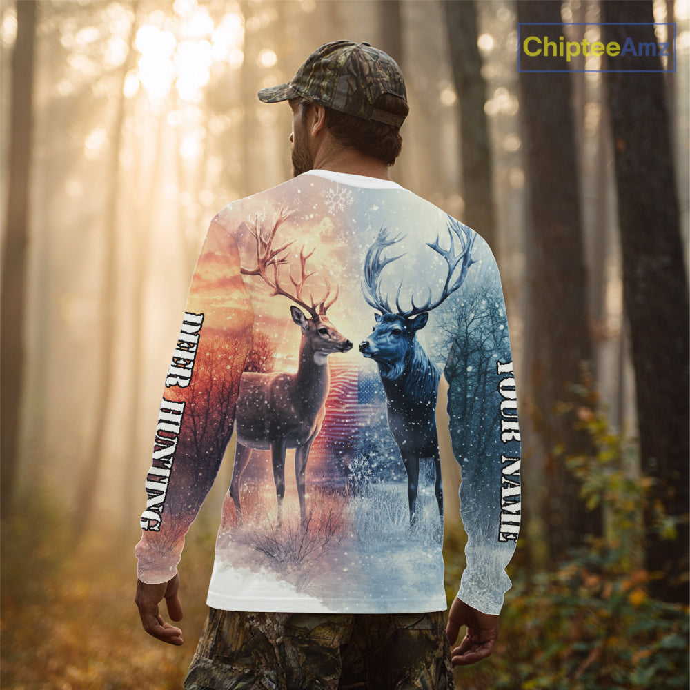 Deer Hunting in snow American Flag Long Sleeve, Hoodie Shirt NHT02