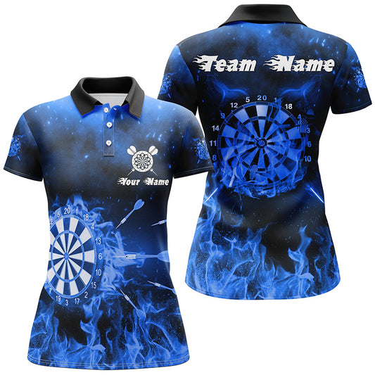 Personalized Womens Darts Polo Shirt Blue Fire Flame Custom Dart Jerseys For Women LDT1233