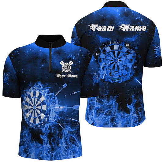 Personalized Mens Darts Quarter Zip Shirt Blue Fire Flame Custom Dart Jerseys For Men LDT1233