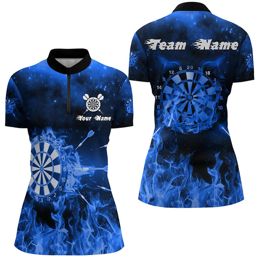 Personalized Womens Darts Quarter Zip Shirt Blue Fire Flame Custom Dart Jerseys For Women LDT1233