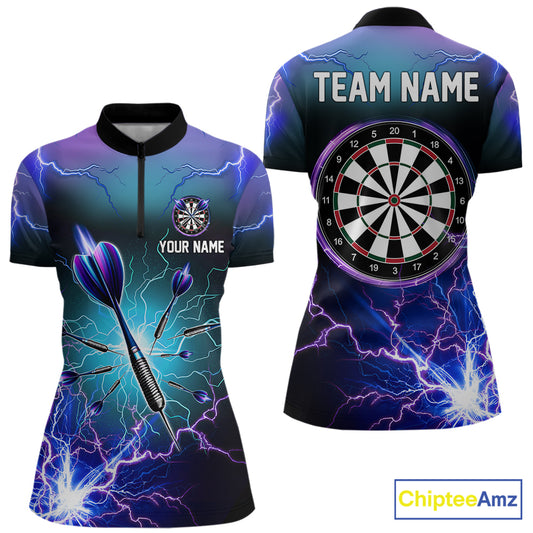 Purple Thunder Lightning 3D Darts Quarter Zip Shirt Womens Dart Shirts Custom Dart Jerseys LDT1243