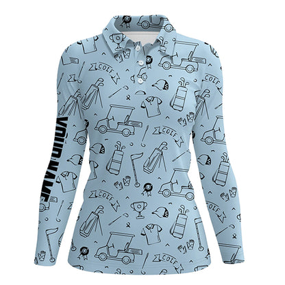 Golf Equipment Pattern Womens Polo Golf Shirts, Custom Name Sky Blue Best Golf Shirts For Womens LDT0049