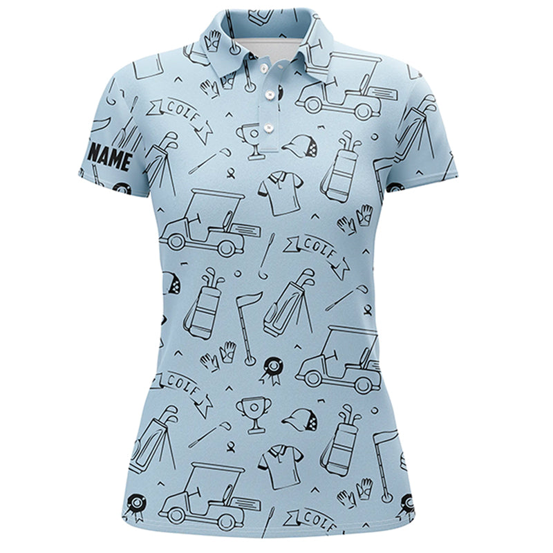 Golf Equipment Pattern Womens Polo Golf Shirts, Custom Name Sky Blue Best Golf Shirts For Womens LDT0049