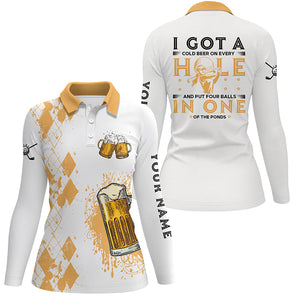 I Got A Cold Beer On Every Hole Yellow Argyle Golf Polo Shirts Beer Golf Shirts For Women LDT0525