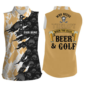 Who Needs Therapy Argyle Pattern Skull Womens Sleeveless Polo Shirt Drinking Beer Golf Tops For Women LDT0540