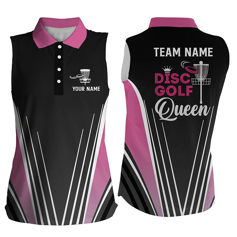 Disc Golf Queen Black & Pink Womens Sleeveless Polo Shirt Custom Disc Golf Tops For Women Golf Gifts LDT0909