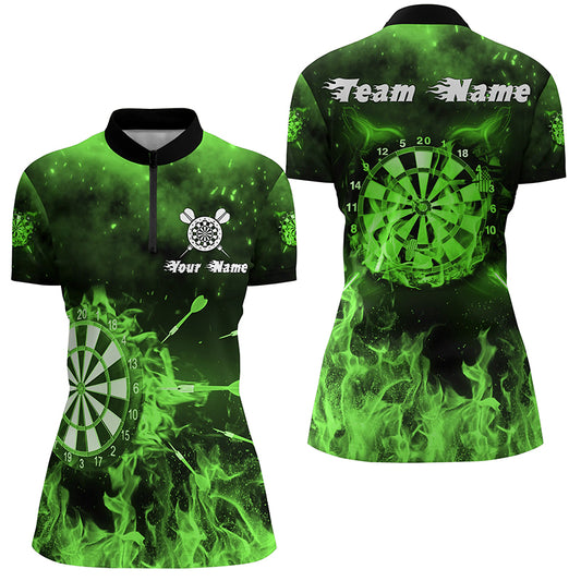 Green Fire Flame Womens Darts Quarter Zip Shirts Custom Darts Shirt For Women Dart Jerseys LDT1378