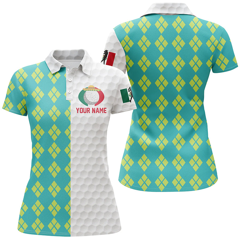 Blue Yellow Argyle Pattern Mexican Flag Golf Polo Shirts Patriotic Golf Shirts For Women LDT0433