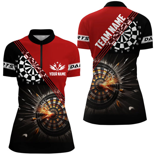 Black Red Darts Fire Personalized Womens Quarter Zip Shirt Custom Dart Jerseys For Women LDT0995