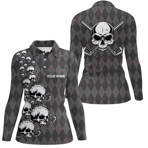 Elegant Argyle Pattern And Skull Womens Golf Polo Shirts, Black Skull Golf Shirts For Women LDT0196